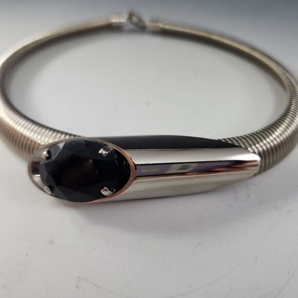 Choker Necklace Black Inset 1980s Deco Stainless Chrome Collar Snake Metal Coil - Picture 4 of 8